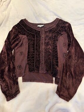TRENDZ Dark Plum Velvet Button-Front Embroidered Top